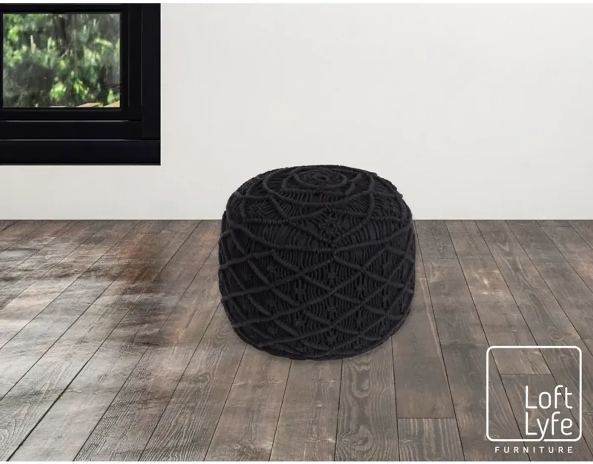 Cotton Blend Round Floral Pouf Ottoman - Black