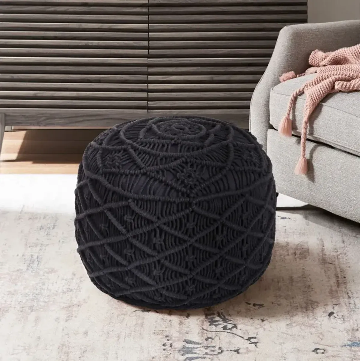 Cotton Blend Round Floral Pouf Ottoman - Black