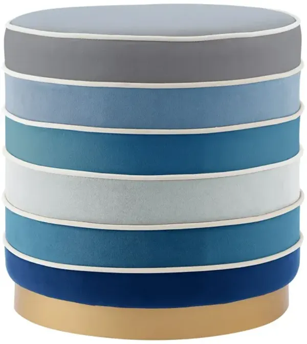 Velvet Round Striped Ottoman - Blue / Gold
