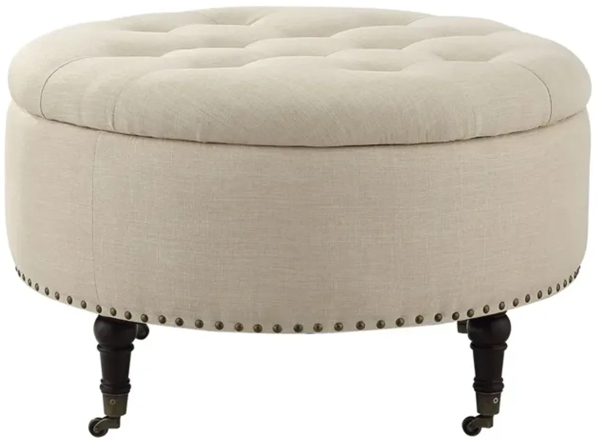 Linen Rolling Tufted Round Storage - Beige / Brown