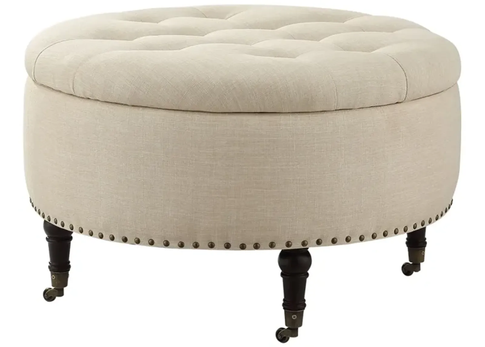 Linen Rolling Tufted Round Storage - Beige / Brown