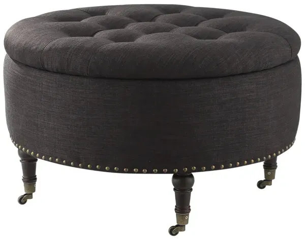 Linen Rolling Tufted Round Storage - Charcoal / Brown