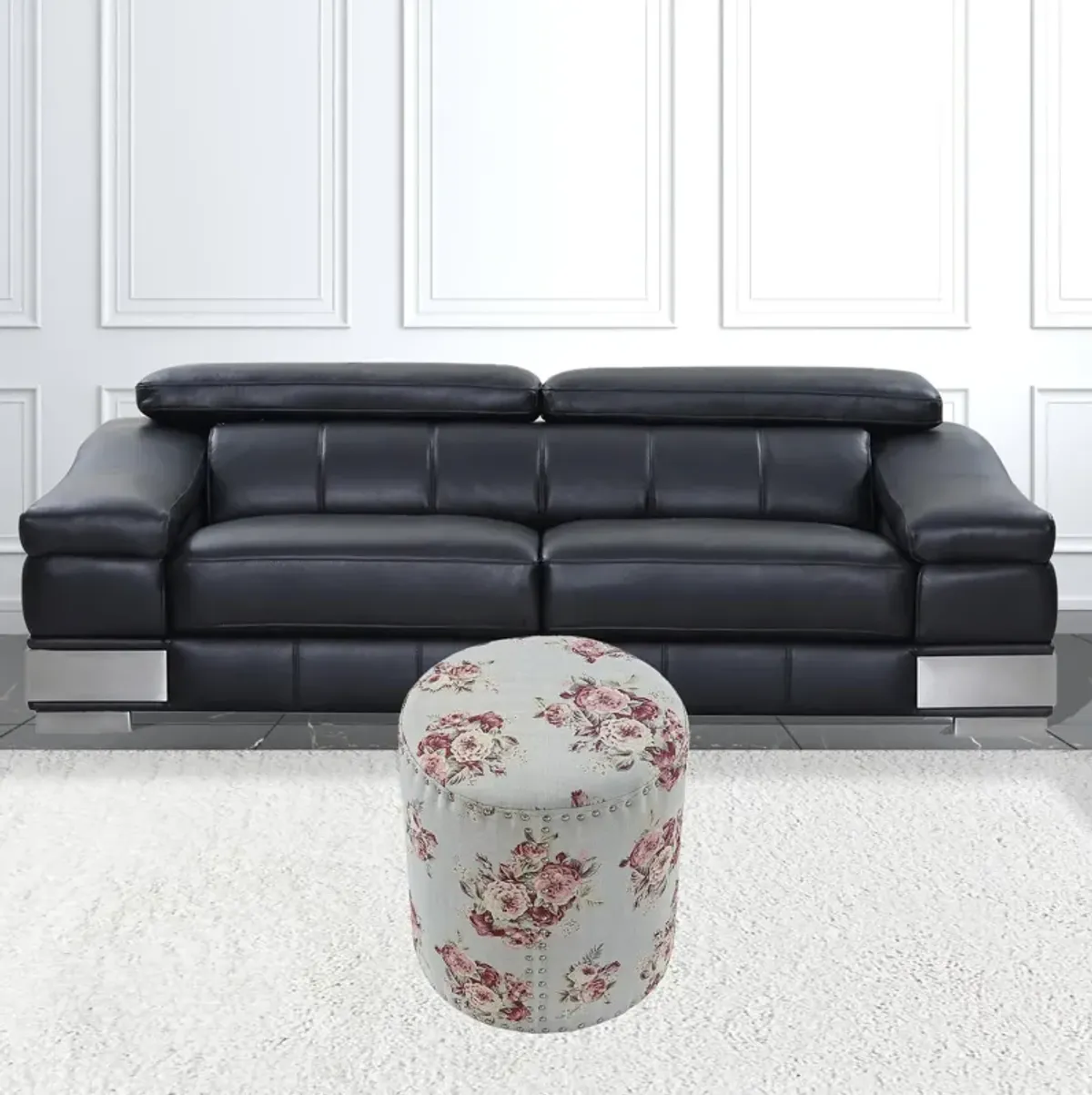 Linen Round Floral Ottoman - Pink