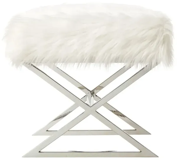 Faux Fur Ottoman - White / Silver