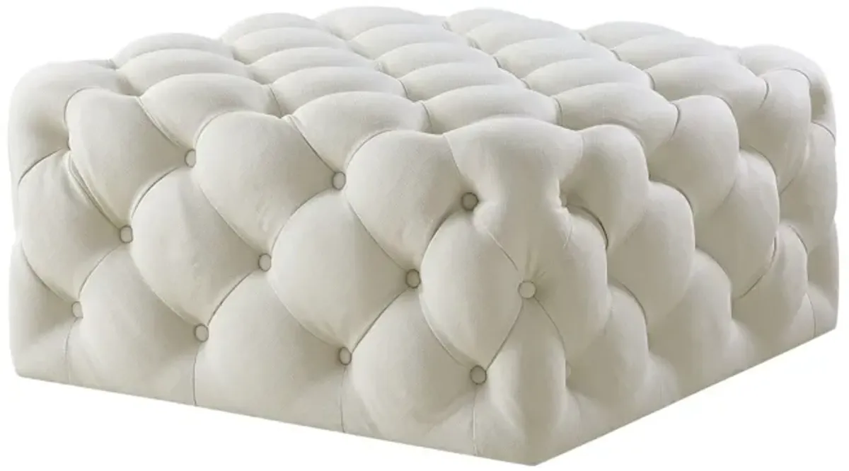 Linen Rolling Tufted Cocktail Ottoman - White