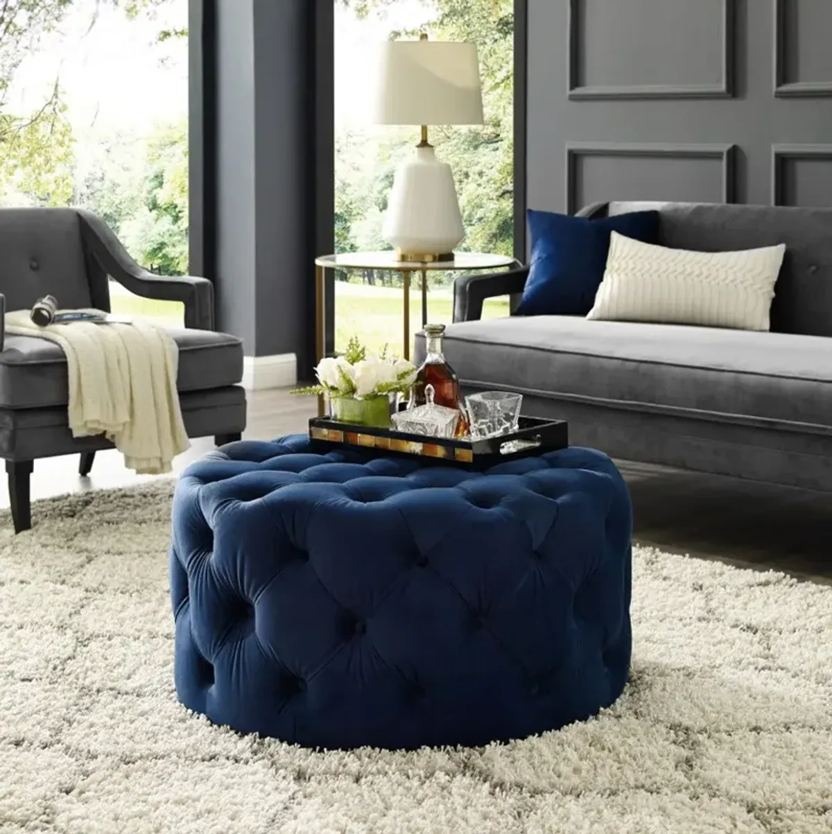 Velvet Rolling Tufted Round Cocktail Ottoman - Navy Blue