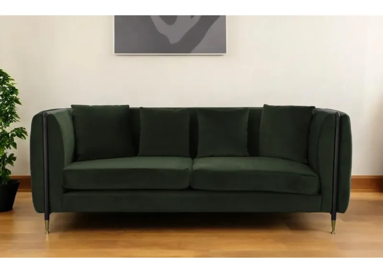 Velvet Sofa With Black And Gold Legs - Dark Green