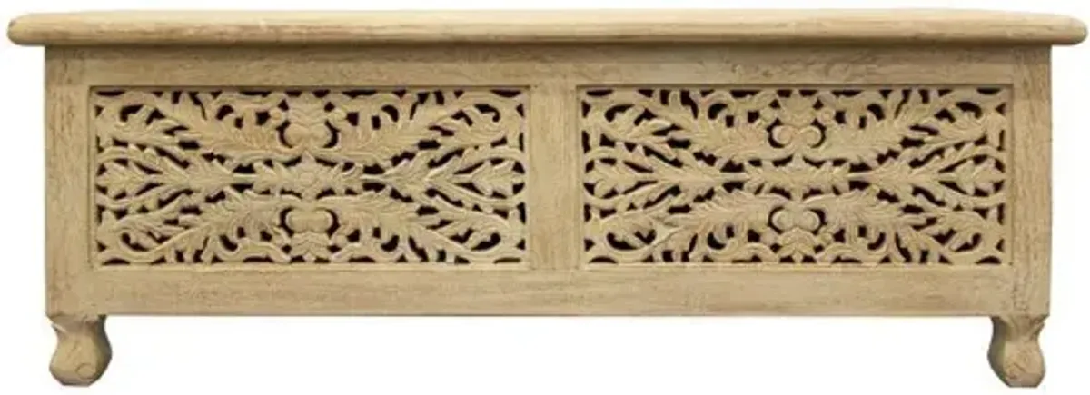 Solid Carved Wood Scroll Bench With Flip Top - Antique White