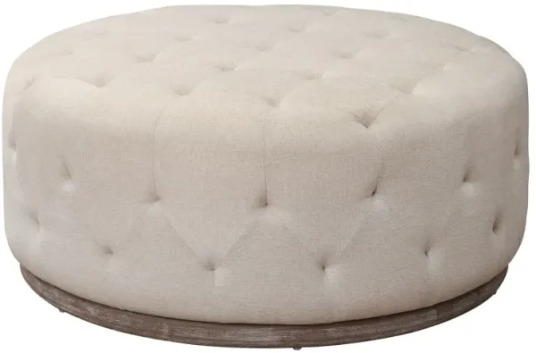 Velvet Tufted Round Ottoman - Ivory / Brown
