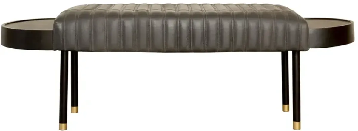 Upholstered Genuine Leather Bench - Dark Gray / Black