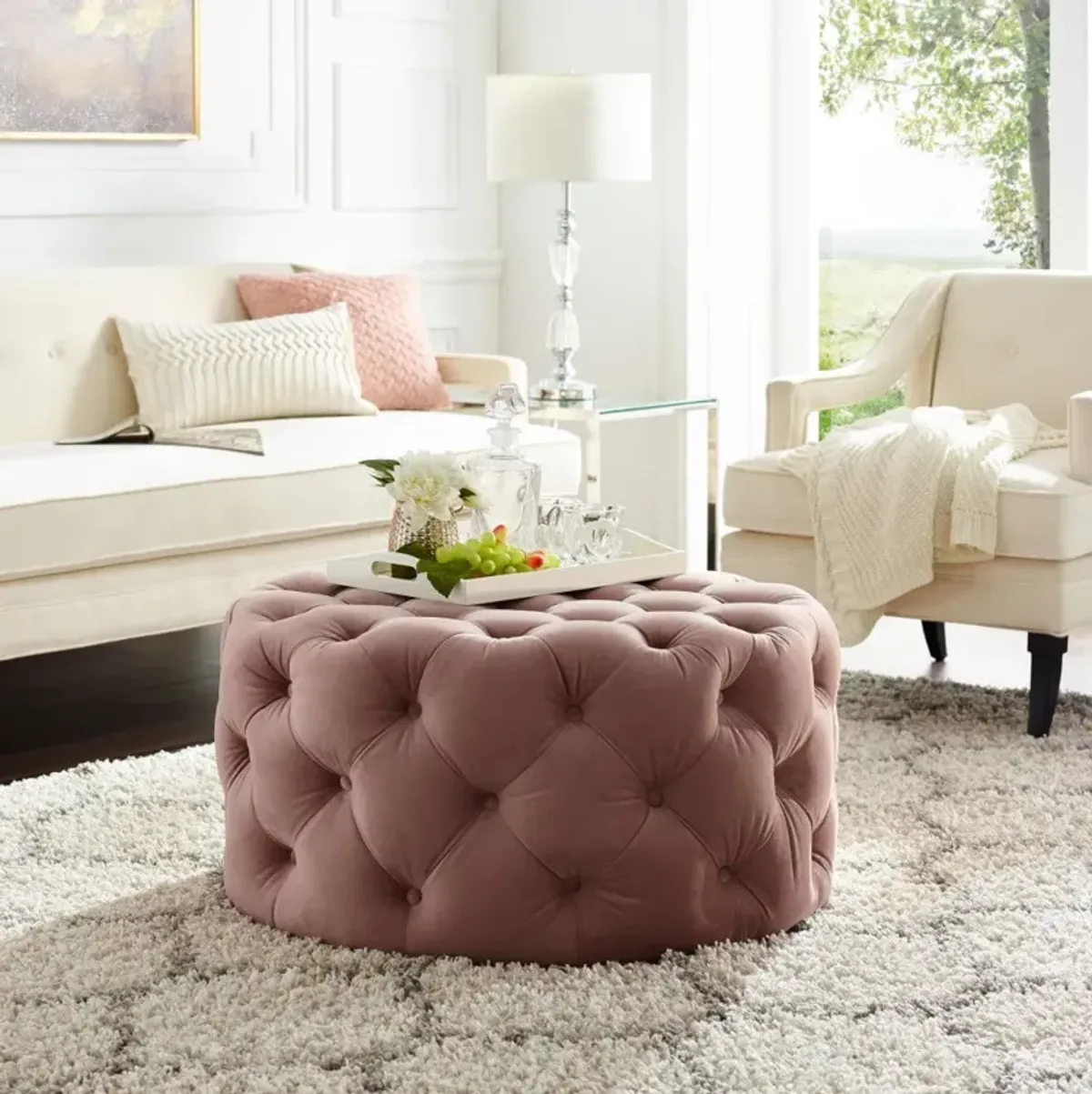 Velvet Rolling Tufted Round Cocktail Ottoman - Blush