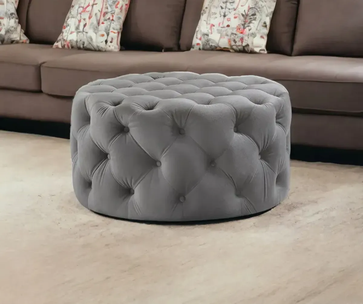 Velvet Rolling Tufted Round Cocktail Ottoman - Gray