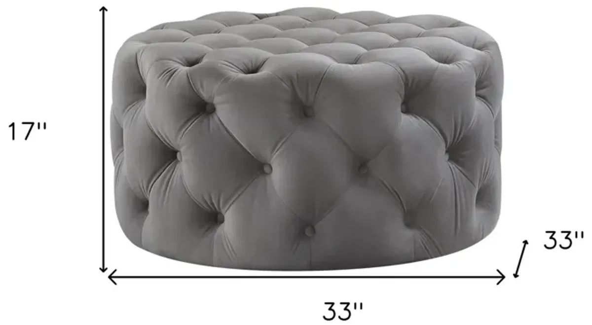 Velvet Rolling Tufted Round Cocktail Ottoman - Gray