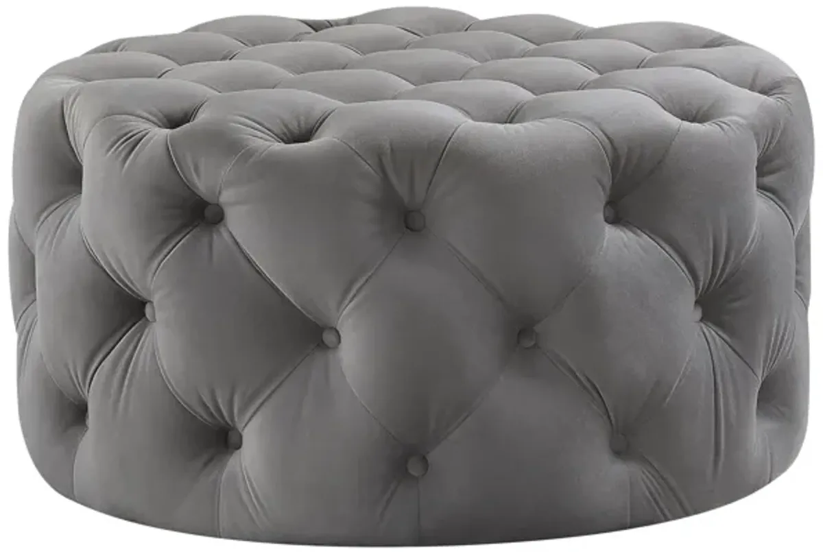 Velvet Rolling Tufted Round Cocktail Ottoman - Gray