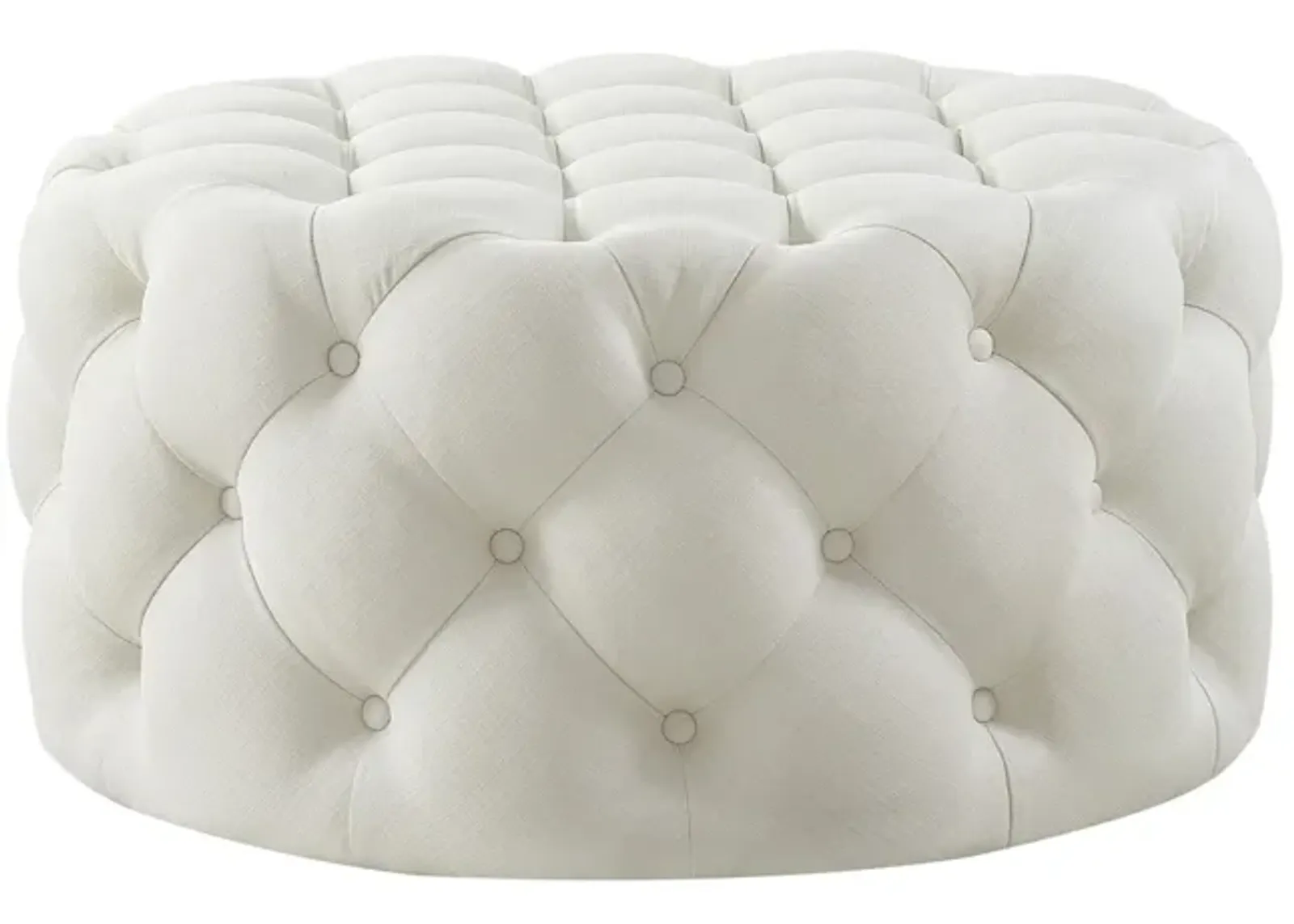 Linen Rolling Tufted Round Cocktail Ottoman - White