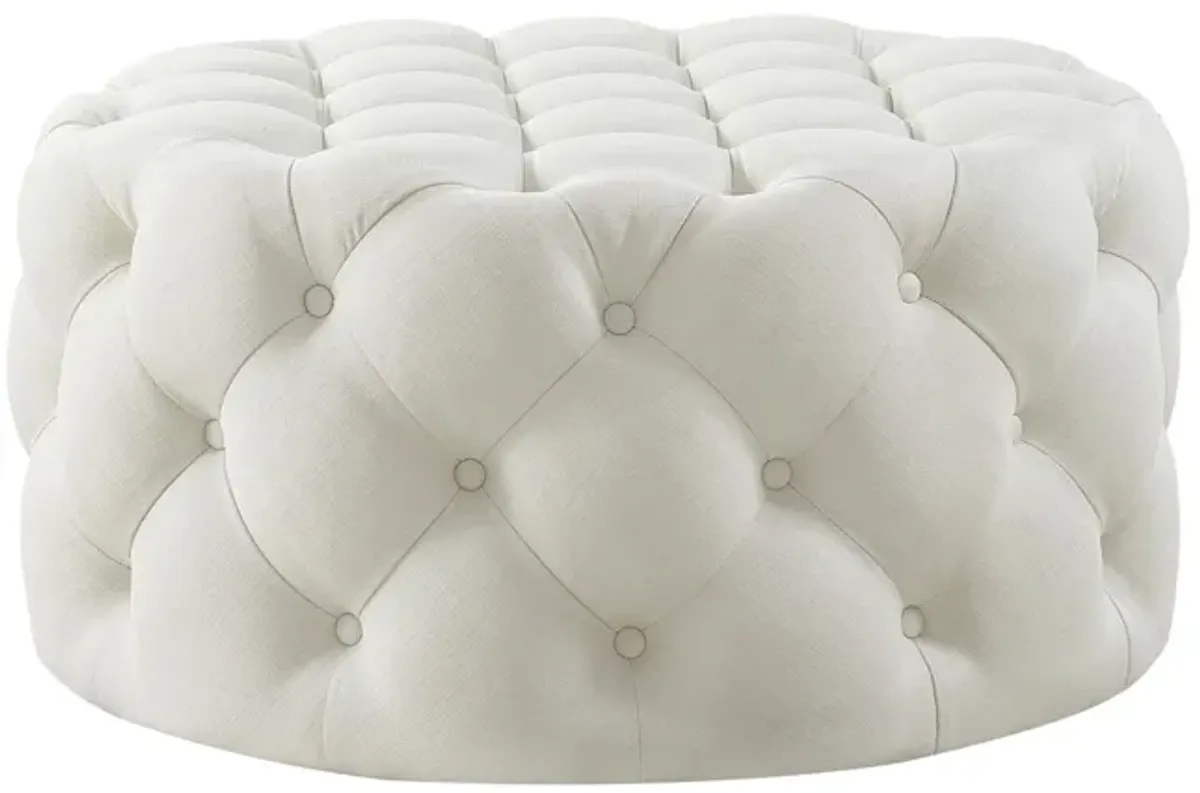 Linen Rolling Tufted Round Cocktail Ottoman - White