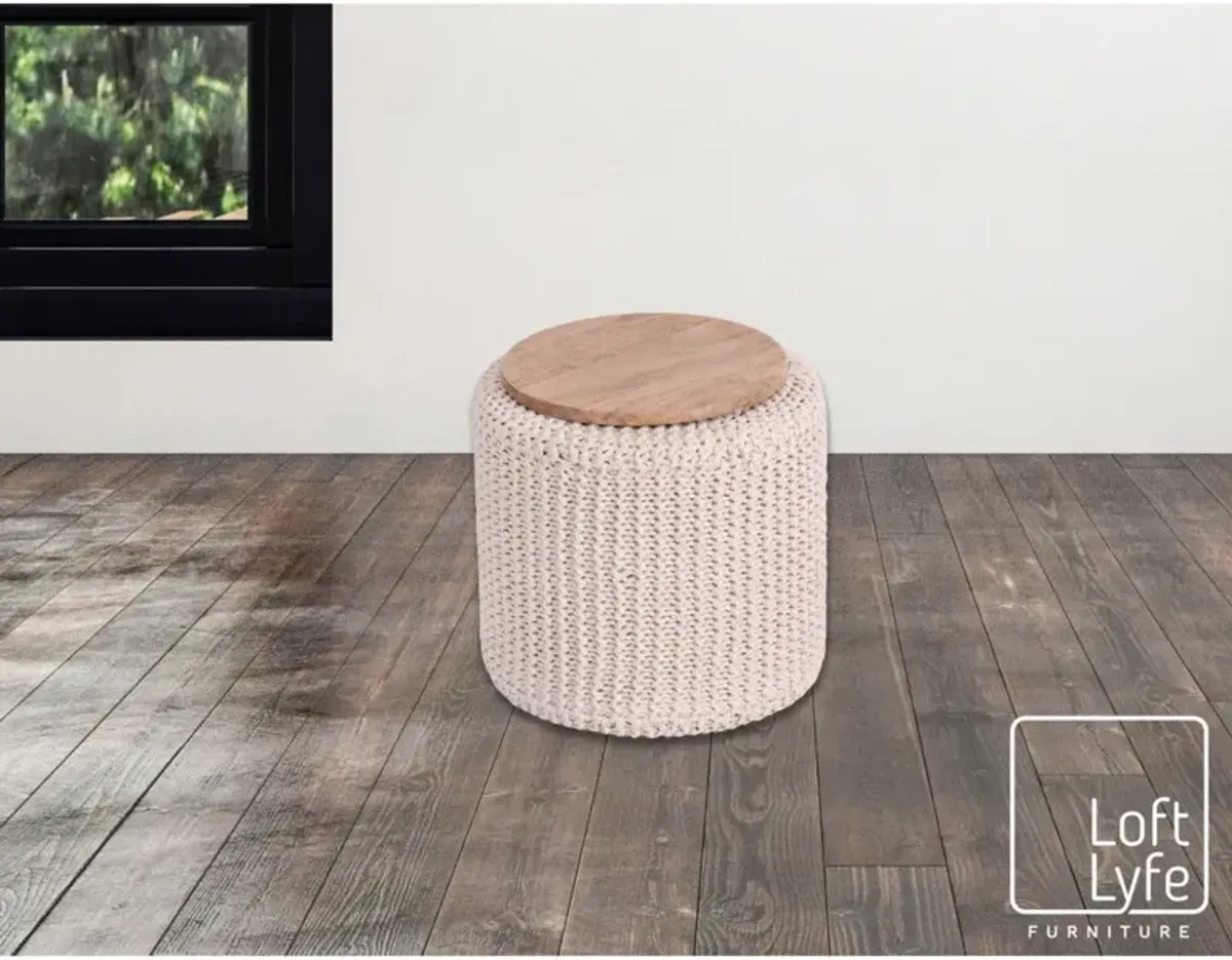 Cotton Blend Round Pouf Ottoman - Ivory