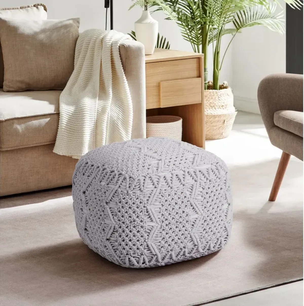 Cotton Blend Pouf Ottoman - Light Gray