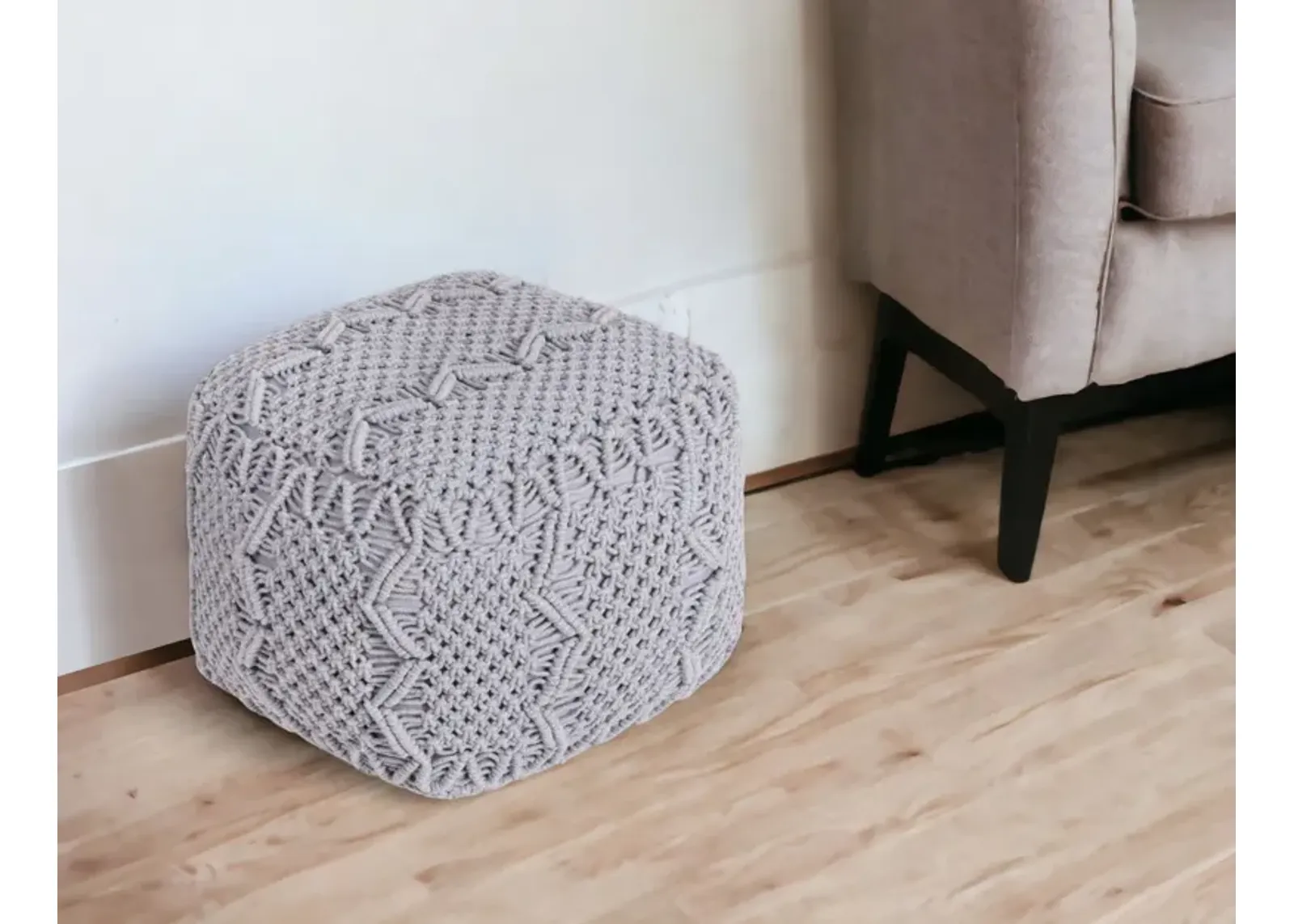 Cotton Blend Pouf Ottoman - Light Gray