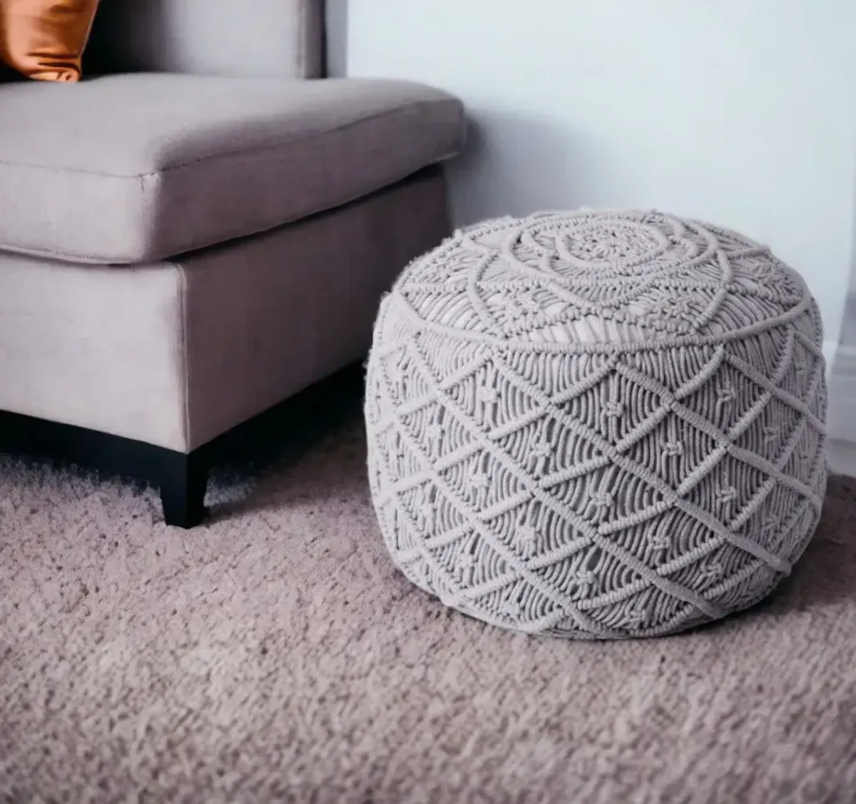 Cotton Blend Round Floral Pouf Ottoman - Light Gray