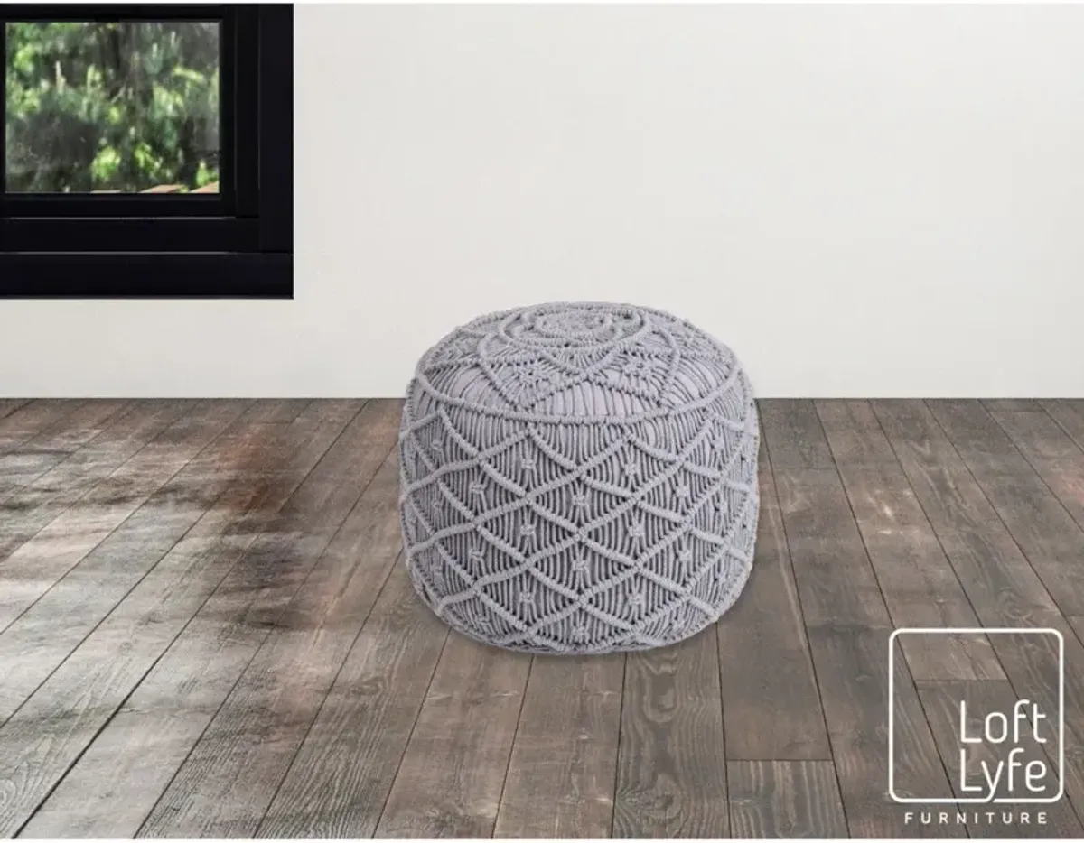 Cotton Blend Round Floral Pouf Ottoman - Light Gray