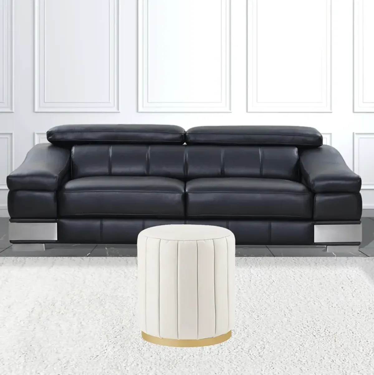 Faux Leather Round Ottoman - White / Gold