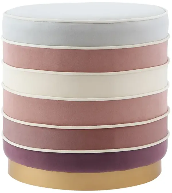 Velvet Round Striped Ottoman - Blush / Gold