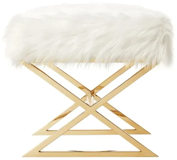Faux Fur Ottoman - White / Brass