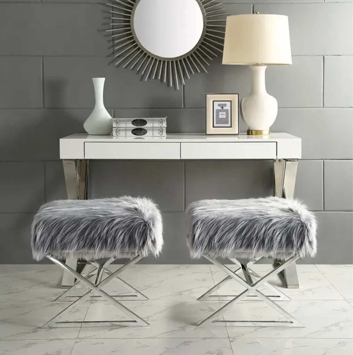 Faux Fur Ottoman - Gray / Silver