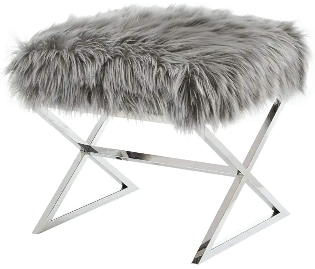 Faux Fur Ottoman - Gray / Silver