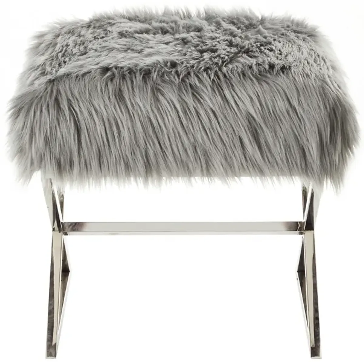 Faux Fur Ottoman - Gray / Silver