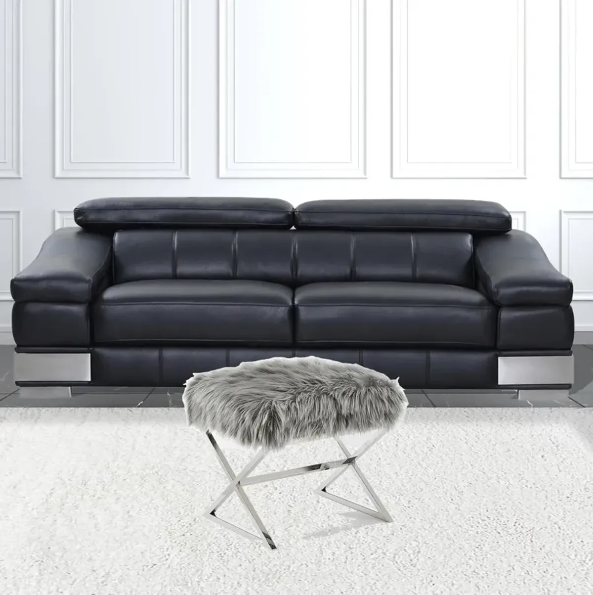 Faux Fur Ottoman - Gray / Silver