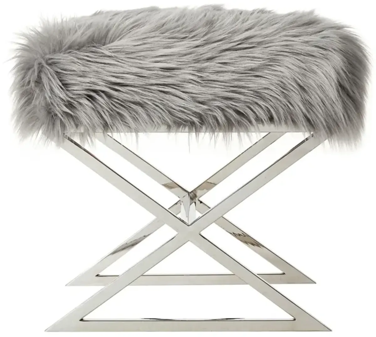 Faux Fur Ottoman - Gray / Silver