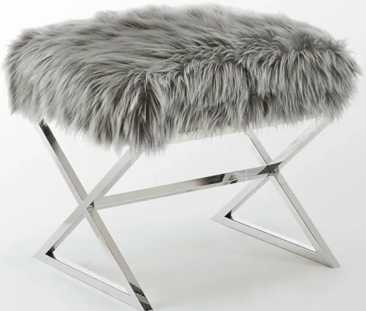 Faux Fur Ottoman - Gray / Silver