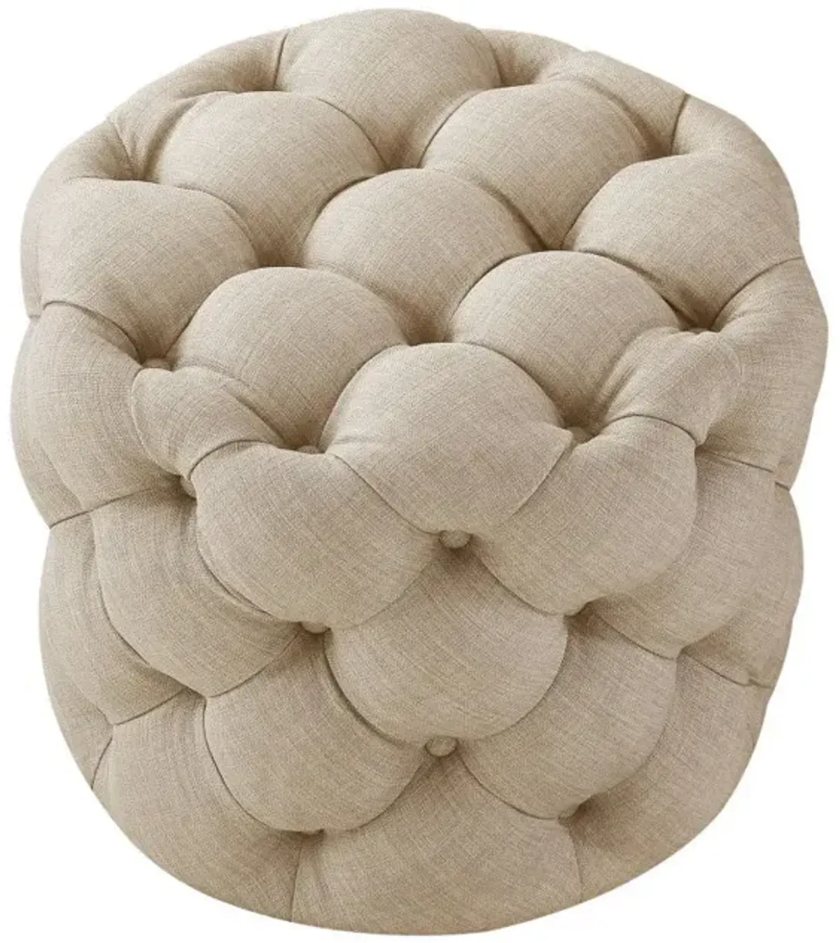 Linen Tufted Round Ottoman - Beige