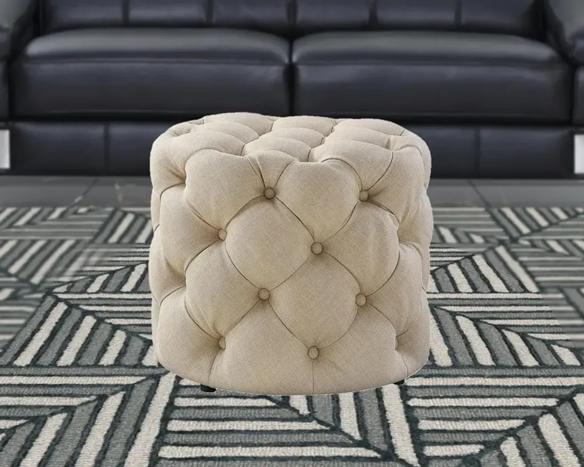 Linen Tufted Round Ottoman - Beige