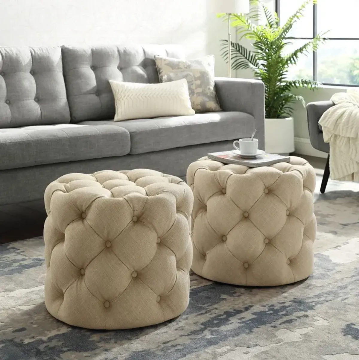 Linen Tufted Round Ottoman - Beige