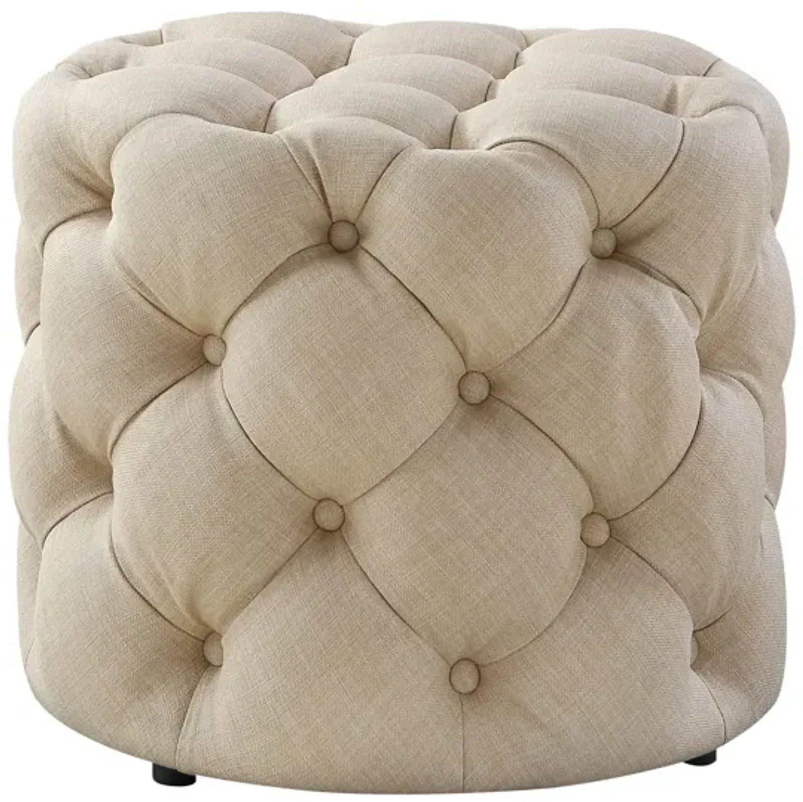 Linen Tufted Round Ottoman - Beige