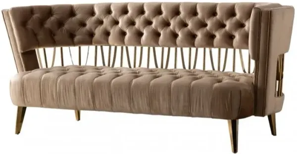 Velvet Exposed Back Love Seat - Dark Beige / Gold