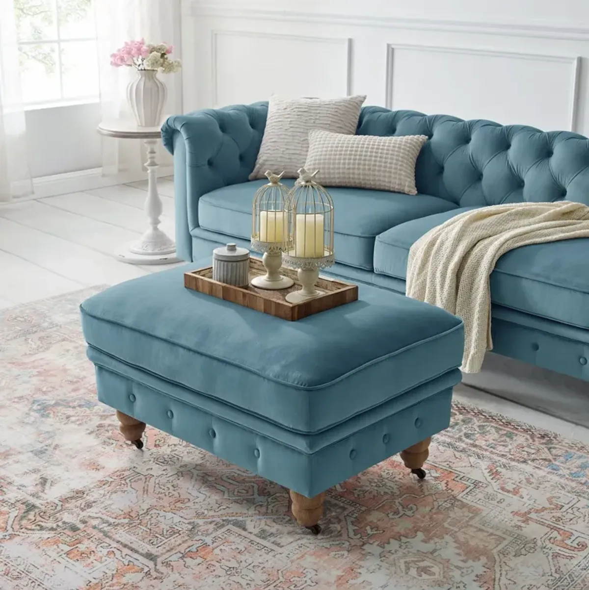 Velvet Rolling Tufted Cocktail Ottoman - Teal Blue / Natural