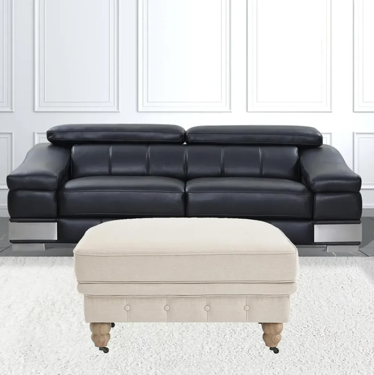 Linen And Wood Brown Rolling Tufted Cocktail Ottoman - Beige