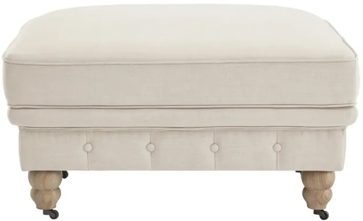 Linen And Wood Brown Rolling Tufted Cocktail Ottoman - Beige