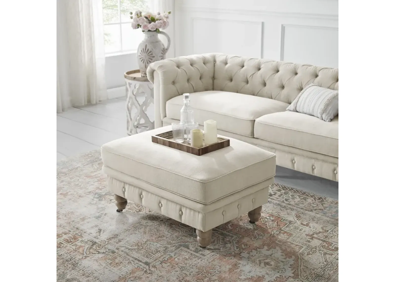 Linen And Wood Brown Rolling Tufted Cocktail Ottoman - Beige