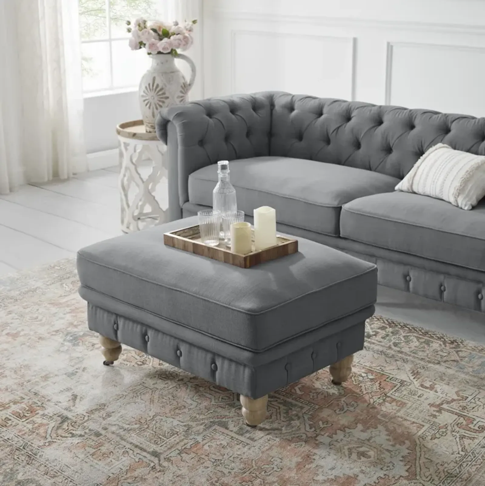 Linen And Natural Rolling Tufted Cocktail Ottoman - Gray