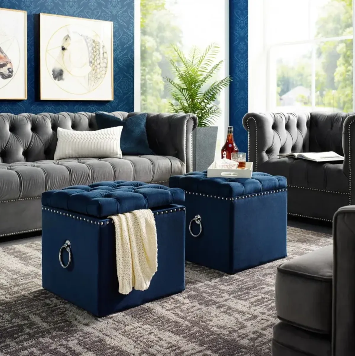 Velvet Tufted Storage - Navy Blue / Black