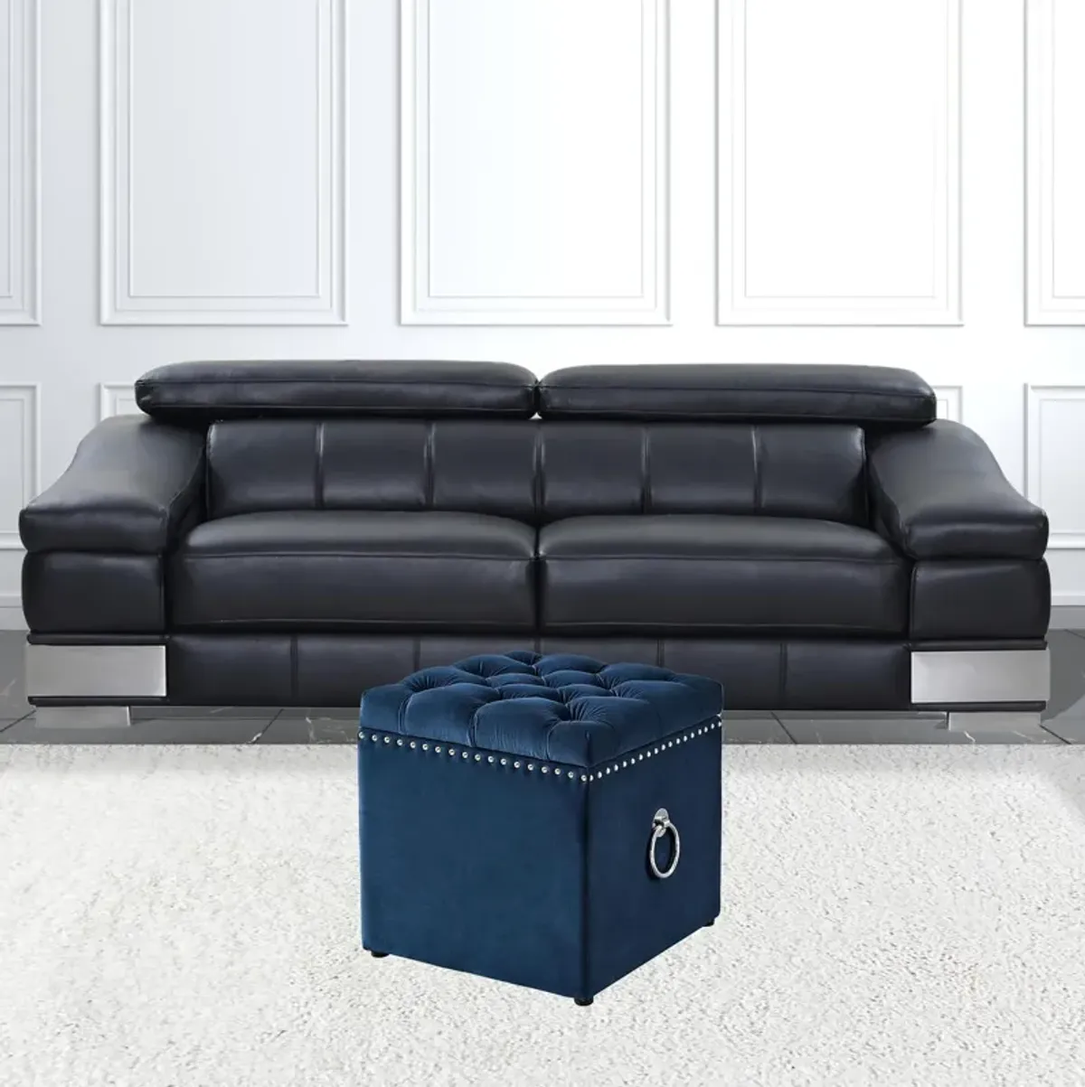 Velvet Tufted Storage - Navy Blue / Black