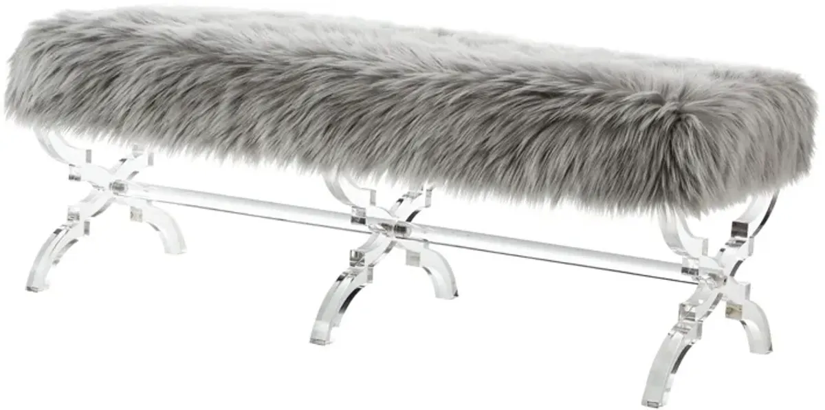 Upholstered Faux Fur Bench - Gray / Clear