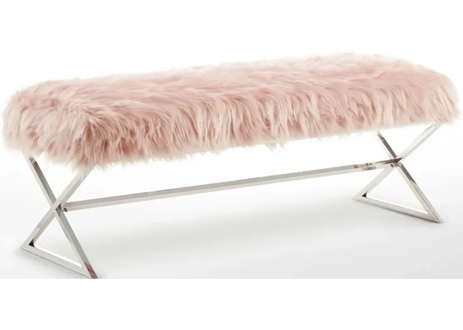 Upholstered Faux Fur Bench - Rose / Silver