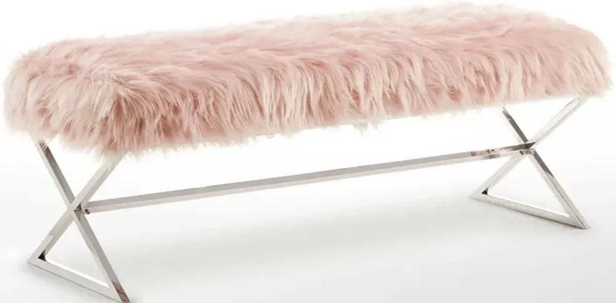 Upholstered Faux Fur Bench - Rose / Silver