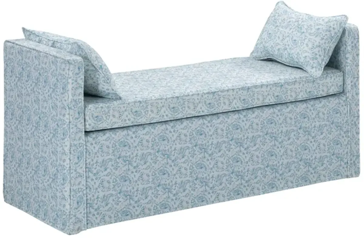 Upholstered Linen Floral Bench - Blue / Black